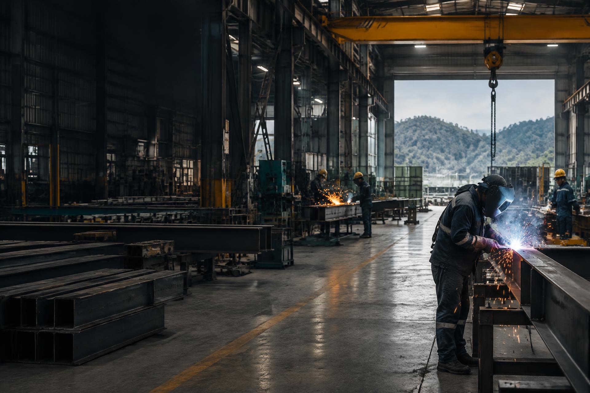Steel fabrication work underway in an industrial workshop