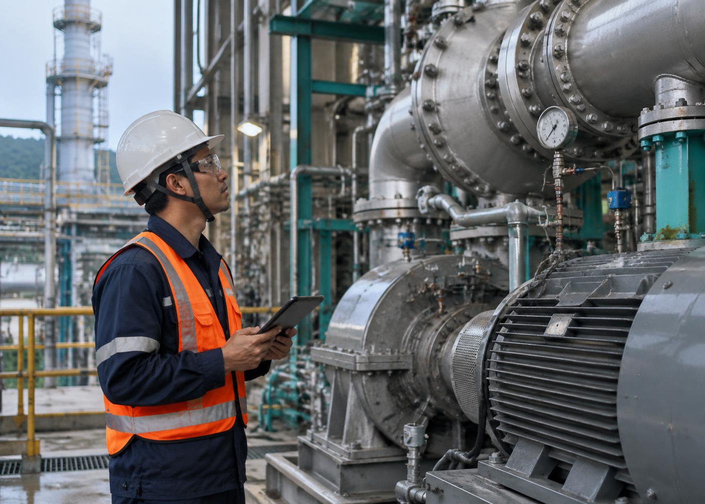 Engineer inspecting industrial rotating equipment